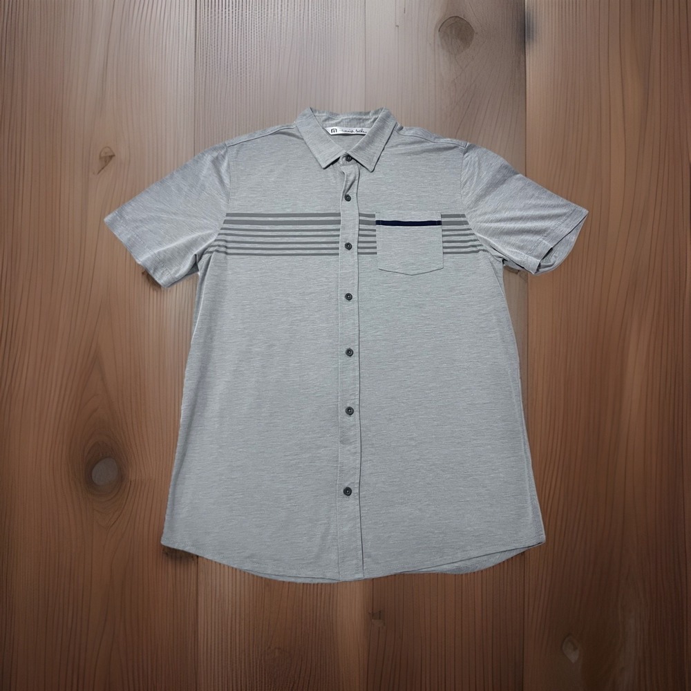 TravisMathew Men's Gray Button-Front Golf Shirt Short Sleeve Striped Chest SZ- L